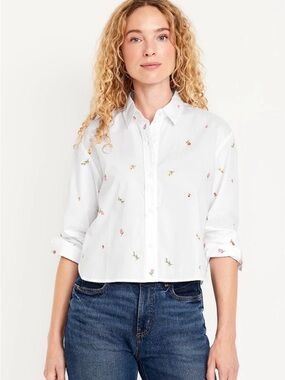 Old Navy White Embroidered Long-Sleeve Button-Up Shirt